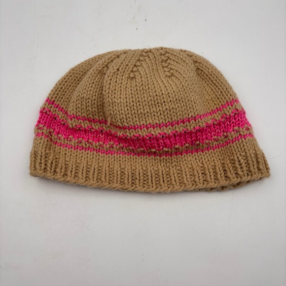 Womens Knit Beanie Hat Tan Pink Striped Cozy Winter Warm - Picture 1 of 4